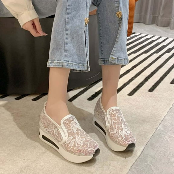 Luxalzxs Platform Espadrilles Sneakers for Women Girls Flower Embroidered Lace Breathable Mesh Sneakers Canvas Shoes Casual Slip On Walking Shoes Loafers