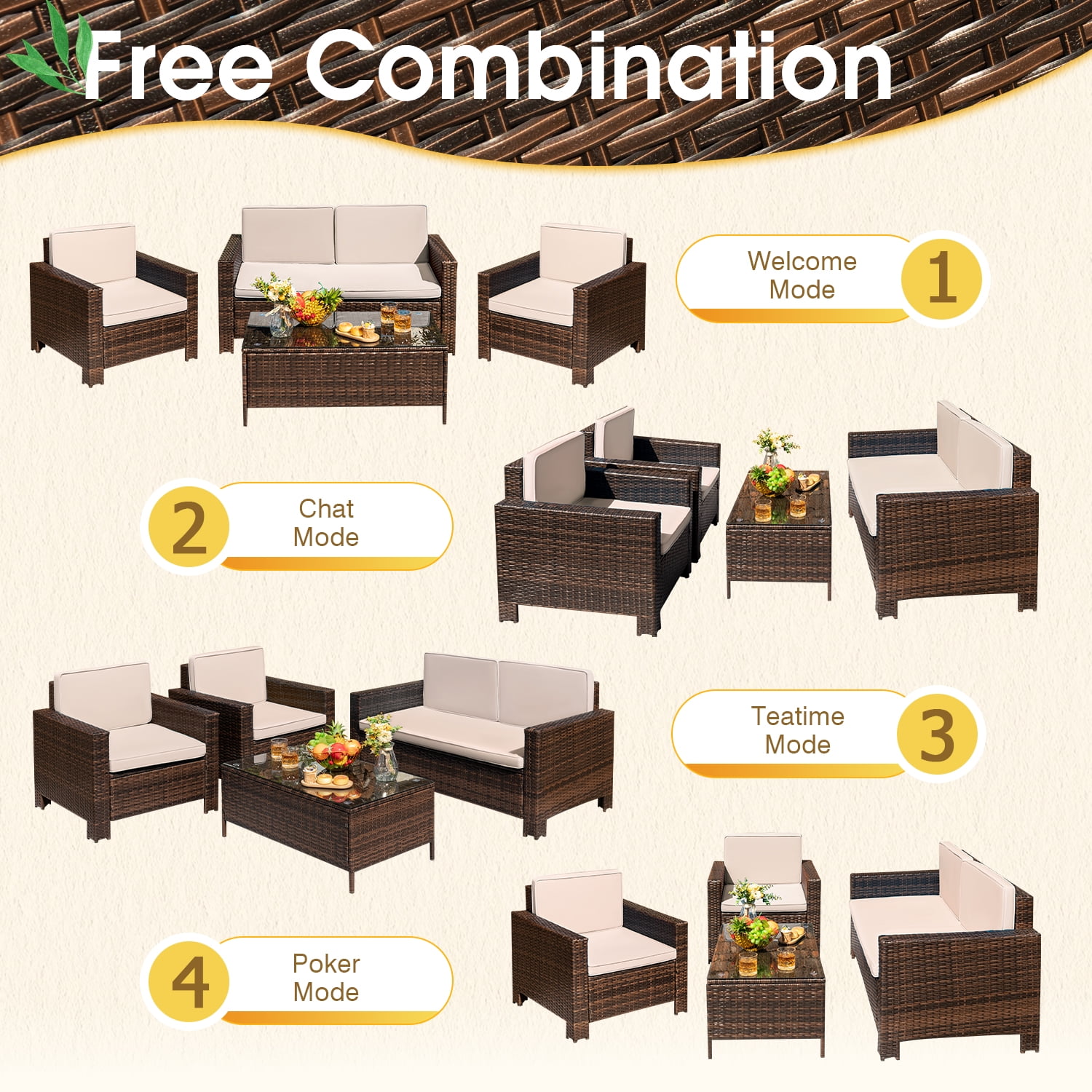 Devoko 4 Pieces Patio Conversation Set PE Rattan Wicker Furniture Sofa Set Furniture Set, Beige
