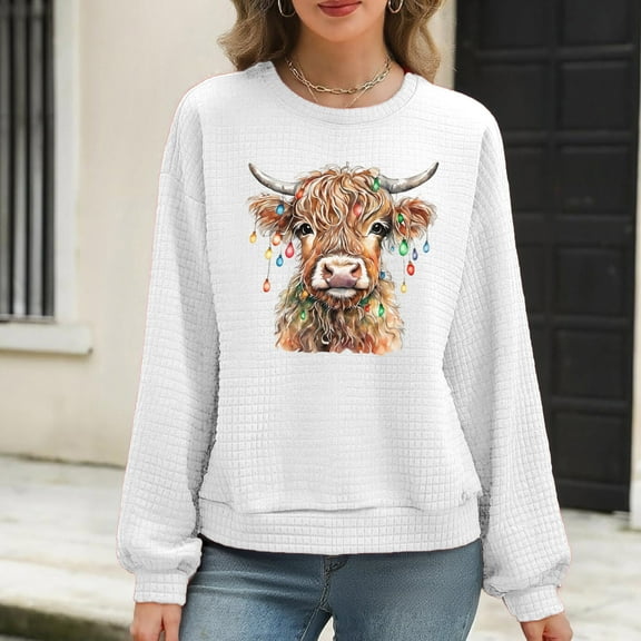 Waffle Sweatshirts for Womens Christmas Loose Crewneck Long Sleeve Shirts Christmas Cow Printed Sweaters Casual Fashion Xmas Holiday Party Pullover Tops
