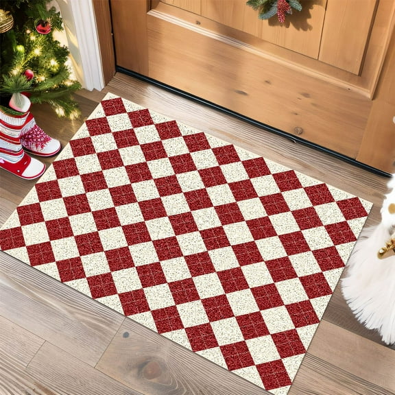 AYktou Christmas Rugs for Living Room, Red Checkered Printed Pattern Floor Mats Counteractive Abrasion, High Grade Kitchen Mat Washable Living Room Carpet Christmas Entrance Door Mat Bathroom Rugs