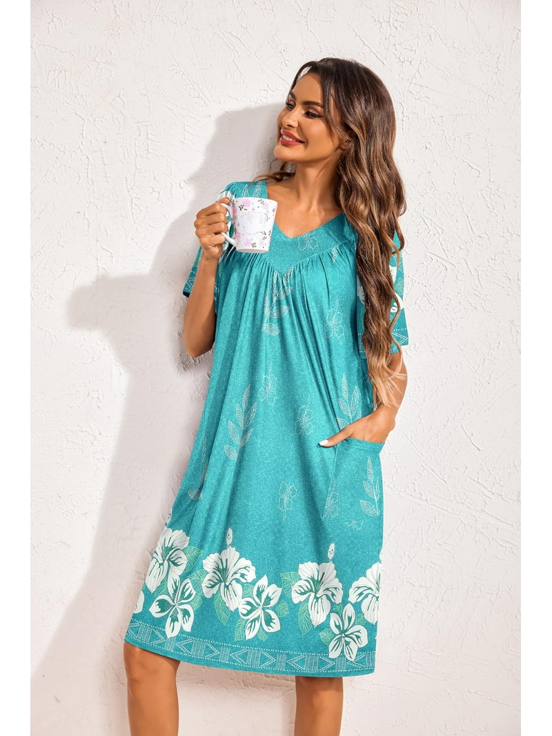 Oudiya Womens Mumus House Dress Floral Print Short Sleeve Nightgowns Moomoo Dresses with Pockets, Women's, Size: 3XL, Green