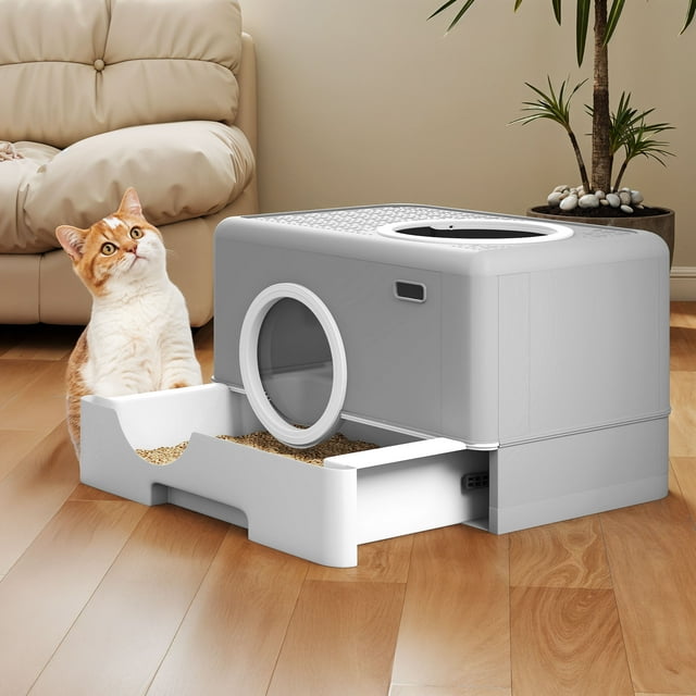 Dextrus Covered Cat Litter Box, Enclosed Litter Box with Drawer, Front Entry & Top Exit, Easy Clean Hooded Design, Gray