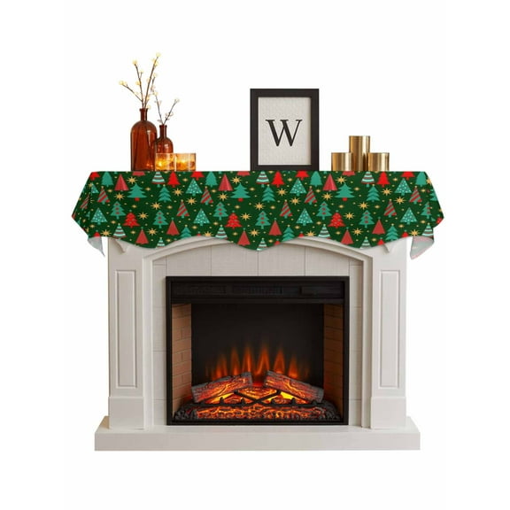 Christmas Trees Fireplace Mantle Scarf, Dark Green Xmas Tree Star Winter Holiday Mantel Cover Table Runner for Home Living Room Door Window, Indoor Outdoor Holiday Party Decor 17" x 60"