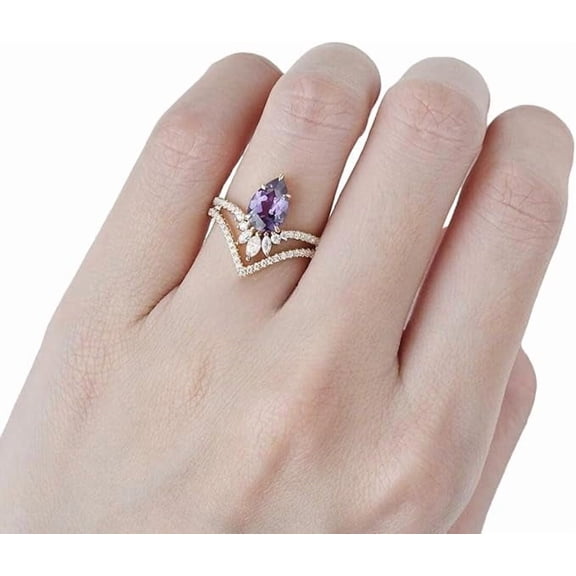 Alexandrite Gemstone Ring, AAA Natural Alexandrite Ring & CZ Nesting Ring, June Birthstone, 2 Ring Set, Womens Ring, Gold Micron Ring, 925 Sterling Silver, Dainty Ring, Christmas Gift, Statement Ring