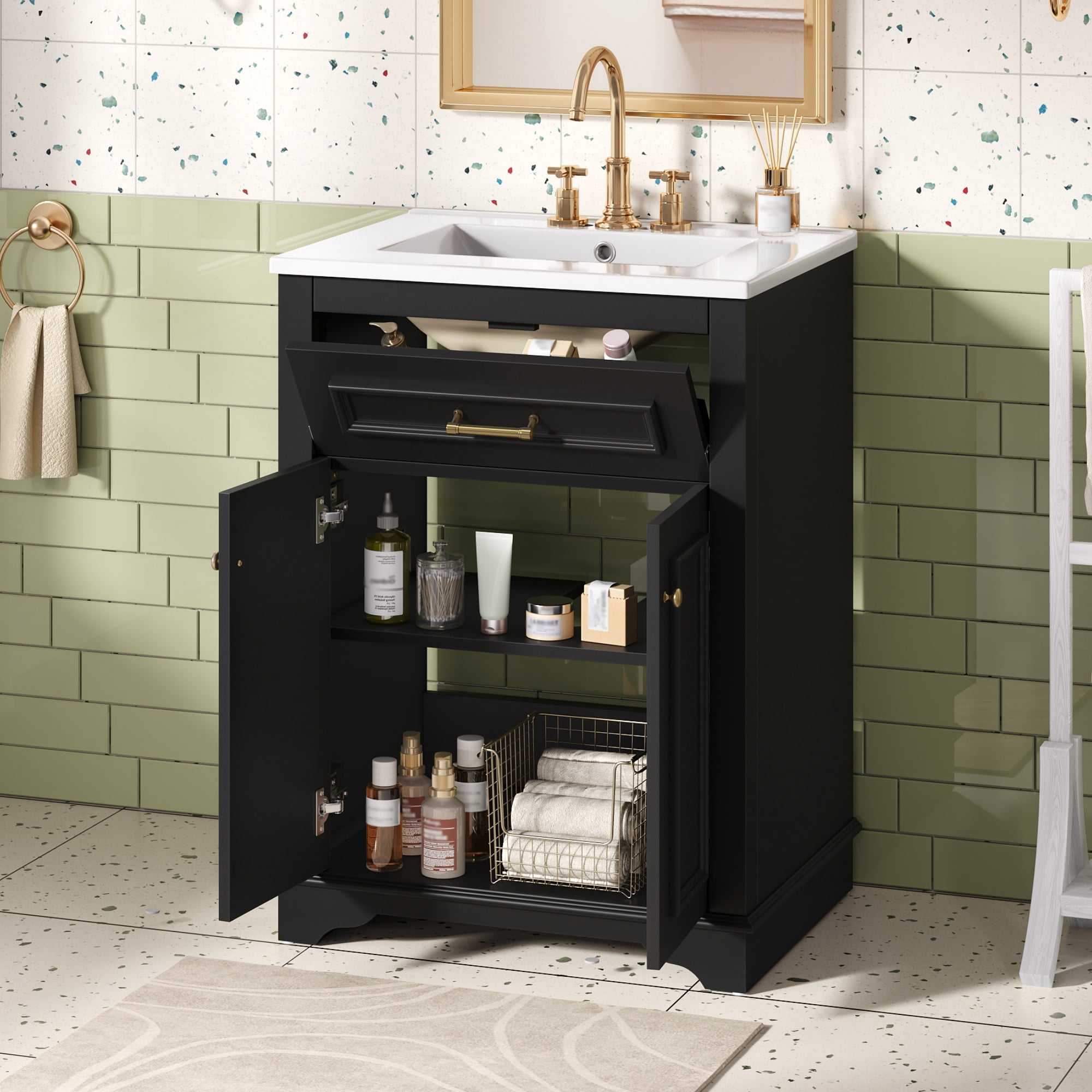 Euroco 24" Bathroom Vanity with Integrated Ceramic Sink, Bathroom Cabinet with 2 Doors, 1 Tip-Out Drawer, Single Sink Bathroom Vanity for Small and Medium Restroom, Black