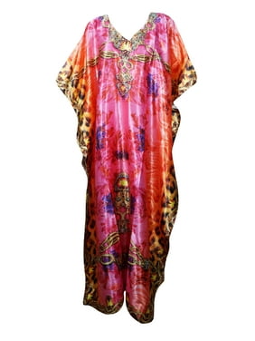 Mogul Women Pink Lightweight Caftan Dress Cover Up With V-Neck Jewels Print Kaftan One Size