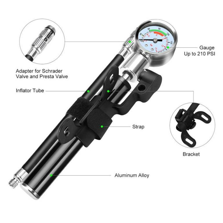 Bike Pump Mini Portable Bicycle Pump with Pressure Gauge, Bike Tire Air Pump with Tire Repair Tool for All Bike, Adult Unisex, Size: Length: About
