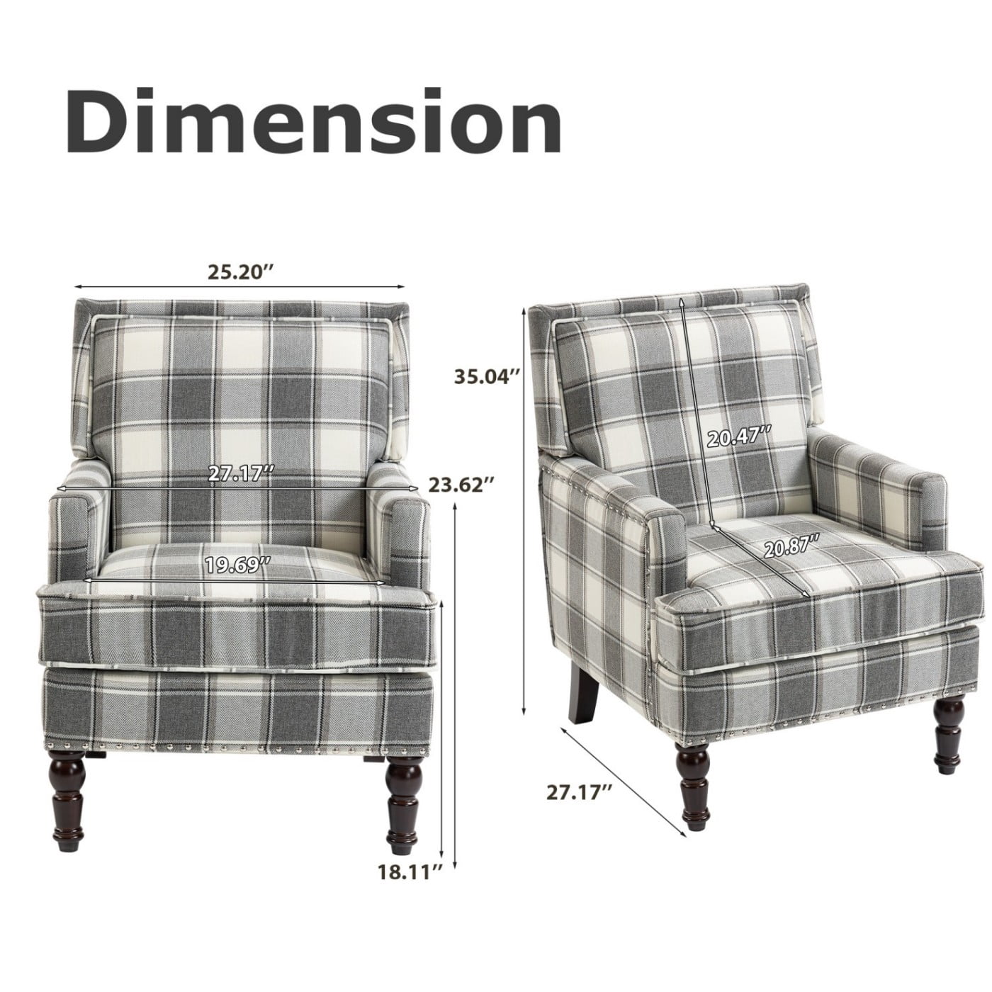 Upholstered Accent Chair with Nailhead Trim, Vintage Striped Linen Armchair, High-Density Foam Reading Chair with Solid Wood Legs for Living Room, Bedroom, Home Office, Antique Grey