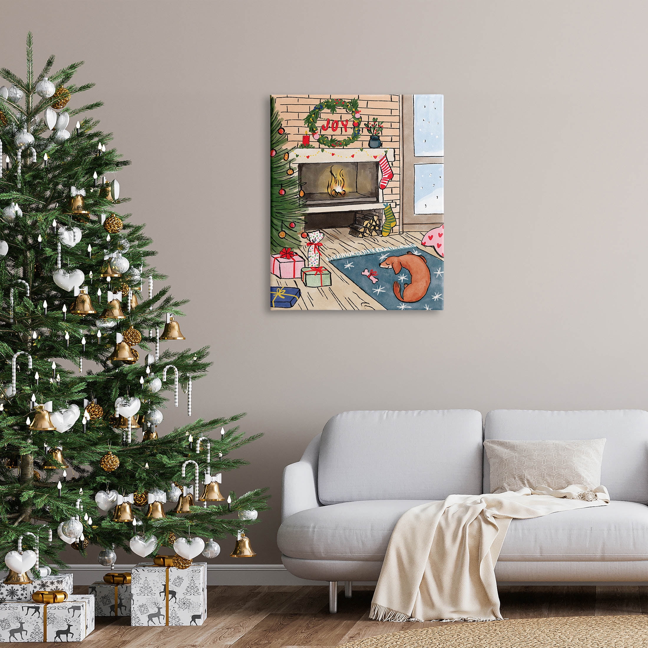 Cozy Christmas Fireplace Tree Holiday Graphic Art Gallery Wrapped Canvas Print Wall Art