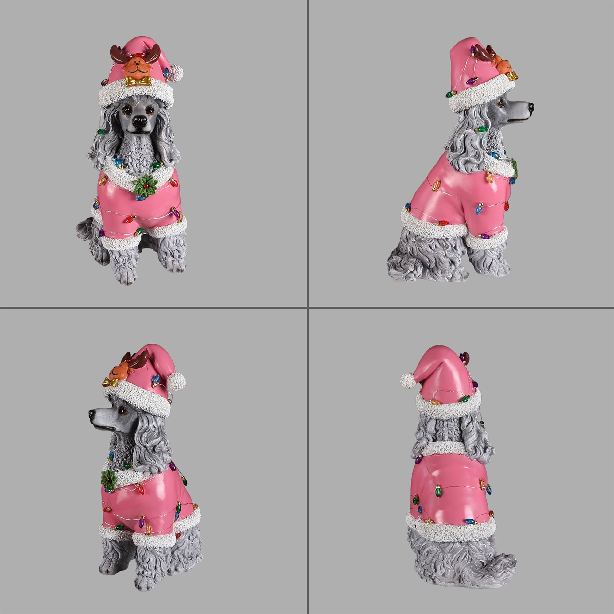 Poodle Pink Santa Outfit Christmas Dog Statue with Santa Hat Holiday Tabletop Decor