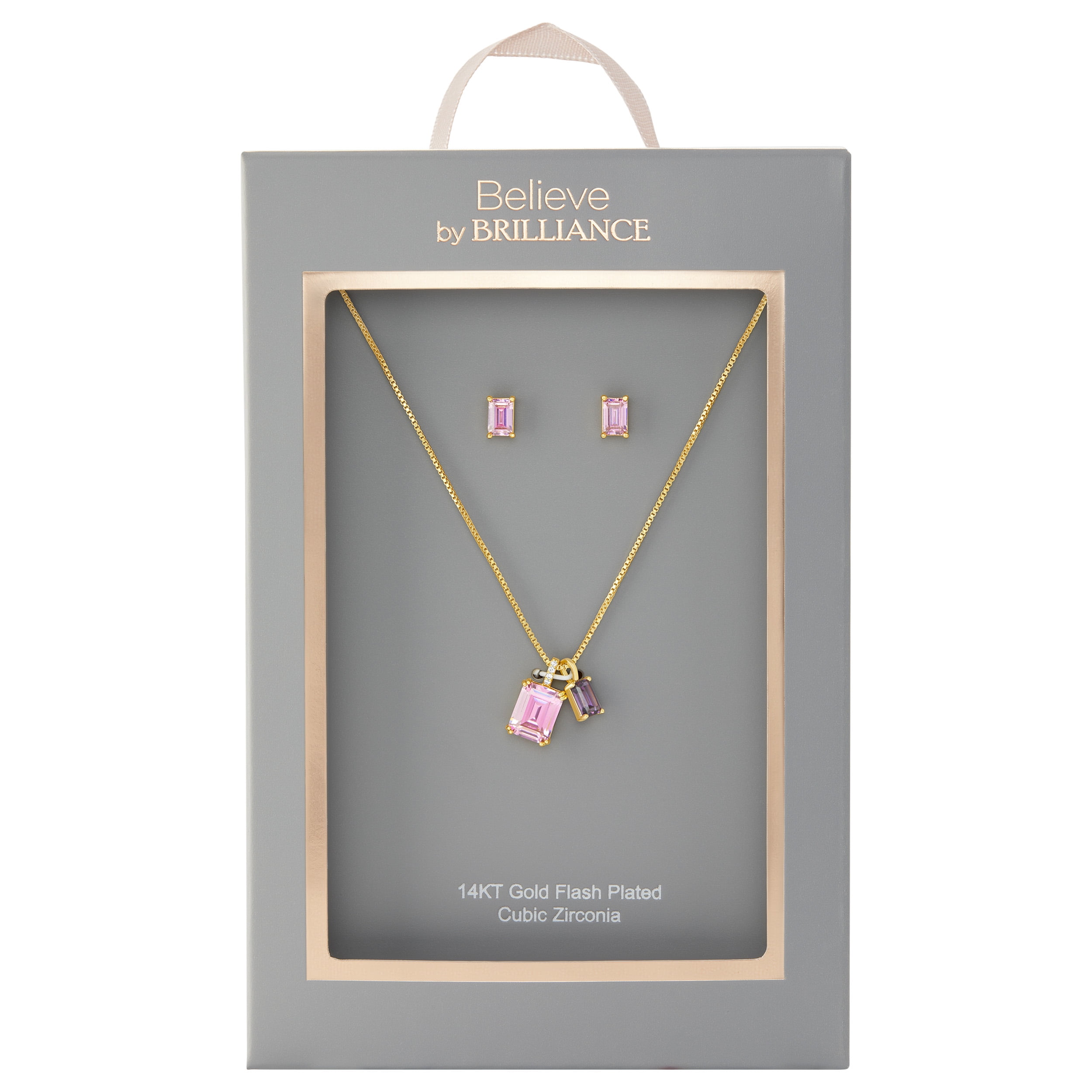 Believe By Brilliance Women's Flash Gold Plated Tonal Pink CZ Earring and Pendant Set
