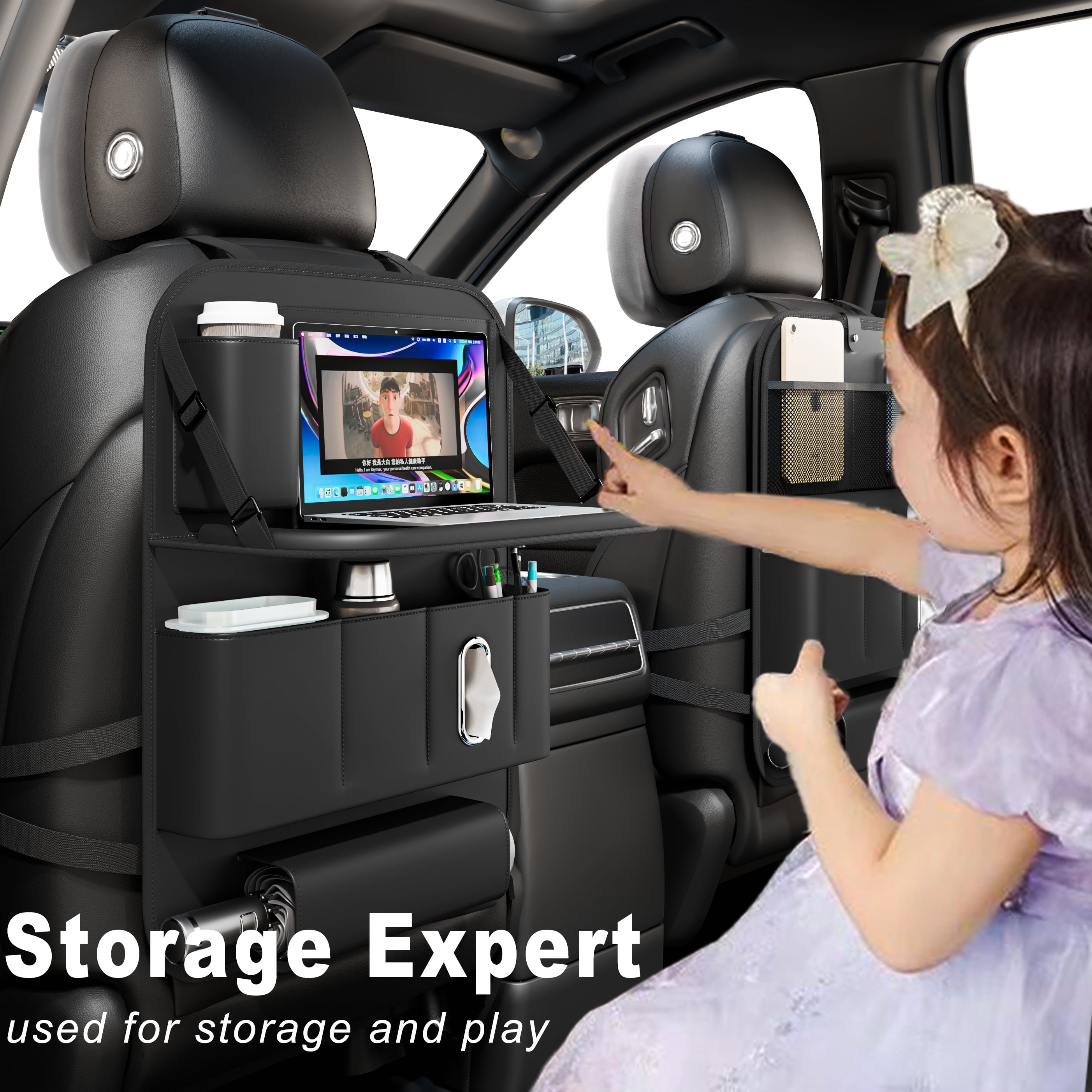 GMQ Backseat Car Organizer with Tray 1 pack,Car Backseat with Foldable Table for Kids,Multifunctional Seat Back Organizer with Storage Pockets(Black)
