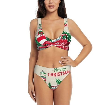 Zeuib Merry Christmas 1 High Waisted Tummy Control Bikini Set - Knot Front Push Up Top & Cheeky Thong Bottom  Two-Piece Swimsuit for Women-Large