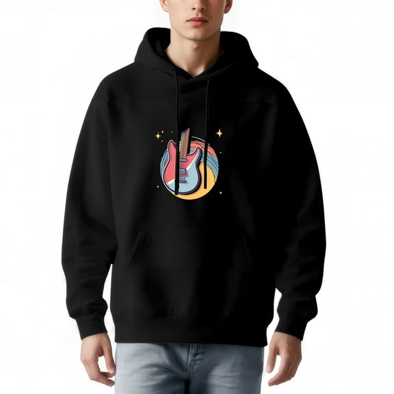 Men's Long Sleeve Hoodie Pullover Sweatshirt with Colorful Guitar Graphic and Stars Casual Artistic Design with Front Pocket