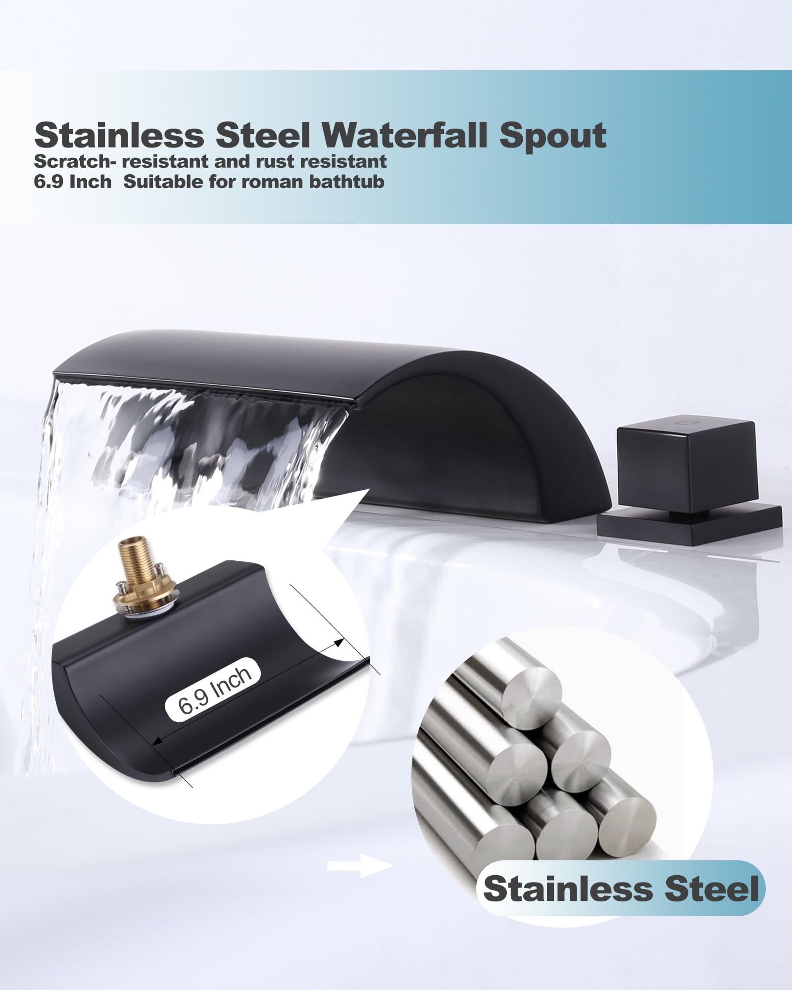 Wowow 2 Handle Waterfall Tub Faucet, Brass 3-Hole Bathtub Faucet, Matte Black