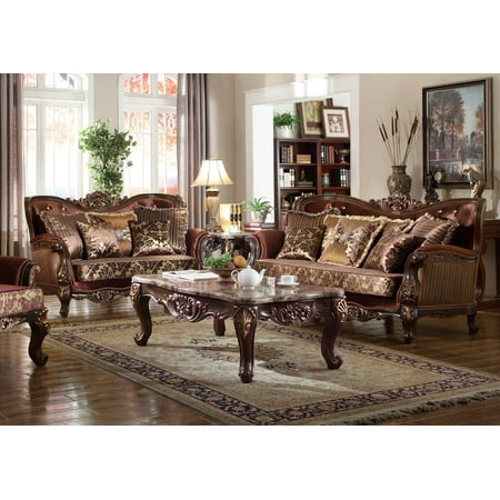 Formal Luxury Living Room Sets Formal Traditional Sofa Set 2pc Antique Sofa Loveseat Cherry Finish Crystal Tufting Back Cushioned Couch Set ()
