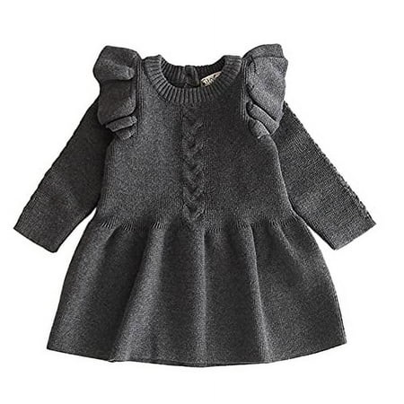 

Styles I Love Baby Toddler Girls Knit Sweater Ruffle Long Sleeve Cotton Dress Little Princess Solid Dressy Outfit (Grey 2T)