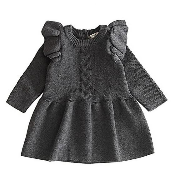 Styles I Love Baby Toddler Girls Knit Sweater Ruffle Long Sleeve Cotton Dress Little Princess Solid Dressy Outfit (Grey, 3T)