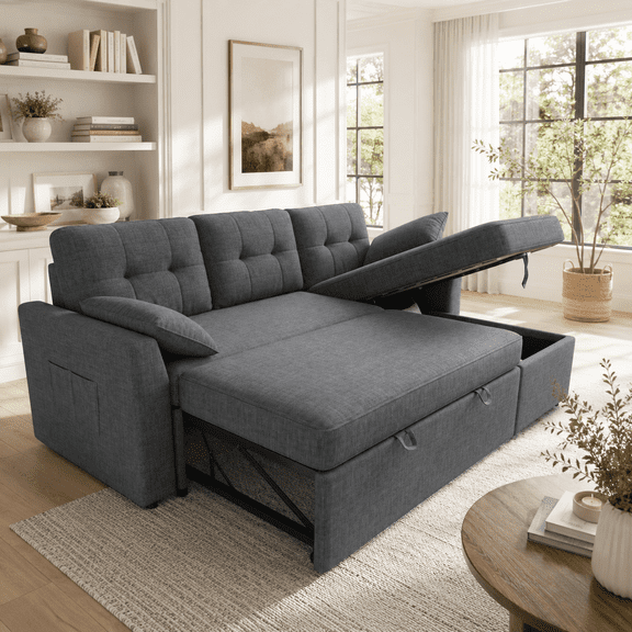 VANACC Sectional Sofa Bed with Storage and Soft Seat ,Reversible Pull Out Couch for Living Room,Gray