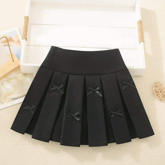 DAETIROS Cotton Pleated Skirts for Toddler Girls Casual Cute High Waisted Summer Bow School Uniform with Shorts, Black Size 7 Years