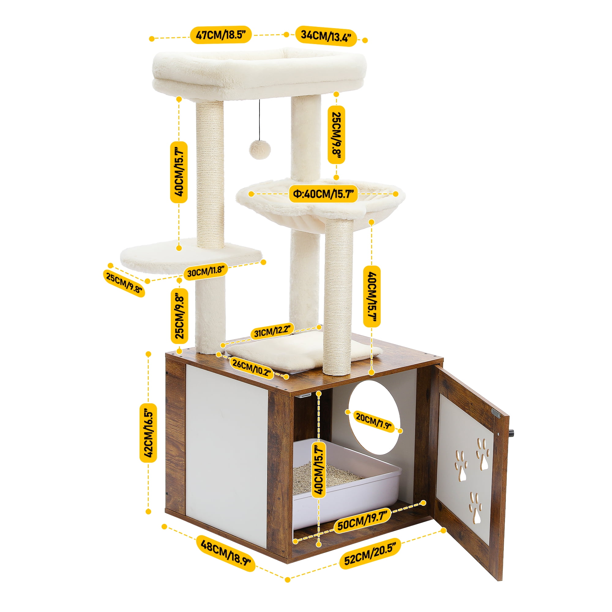 Pefilos 46" Cat Tree Tower with Litter Box Enclosure, Wood Cat Condo with Hammock, Cat Scratching Posts, Removable Top Perch, Brown Pefilos 46" Cat Tree Tower with Litter Box Enclosure, Wood Cat Condo with Hammock, Cat Scratching Posts, Removable Top Perch, Brown