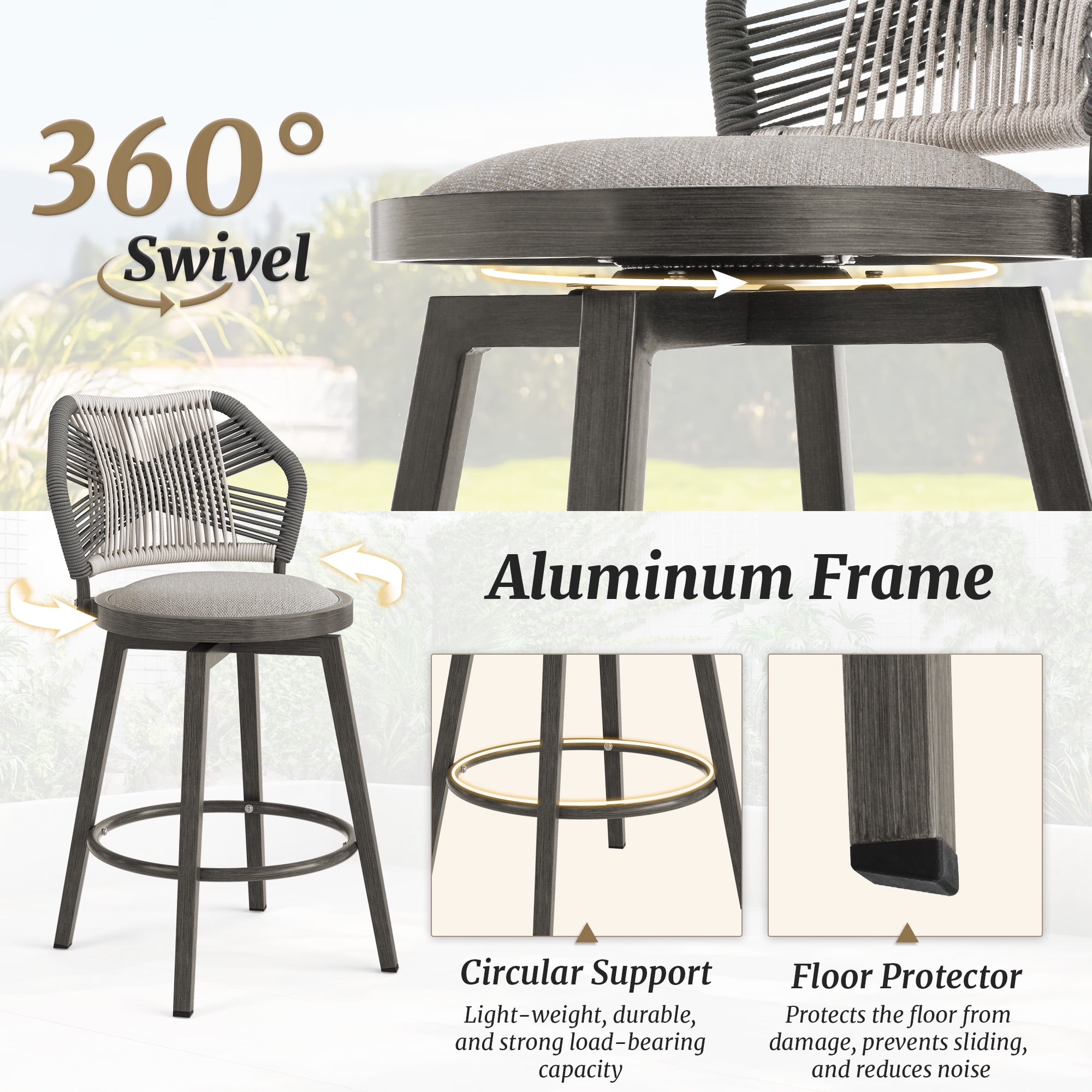 Dycanpo 26'' Swivel Bar Stools Set of 2, Counter Height Stools with Woven Backrest & Footrest, Gray