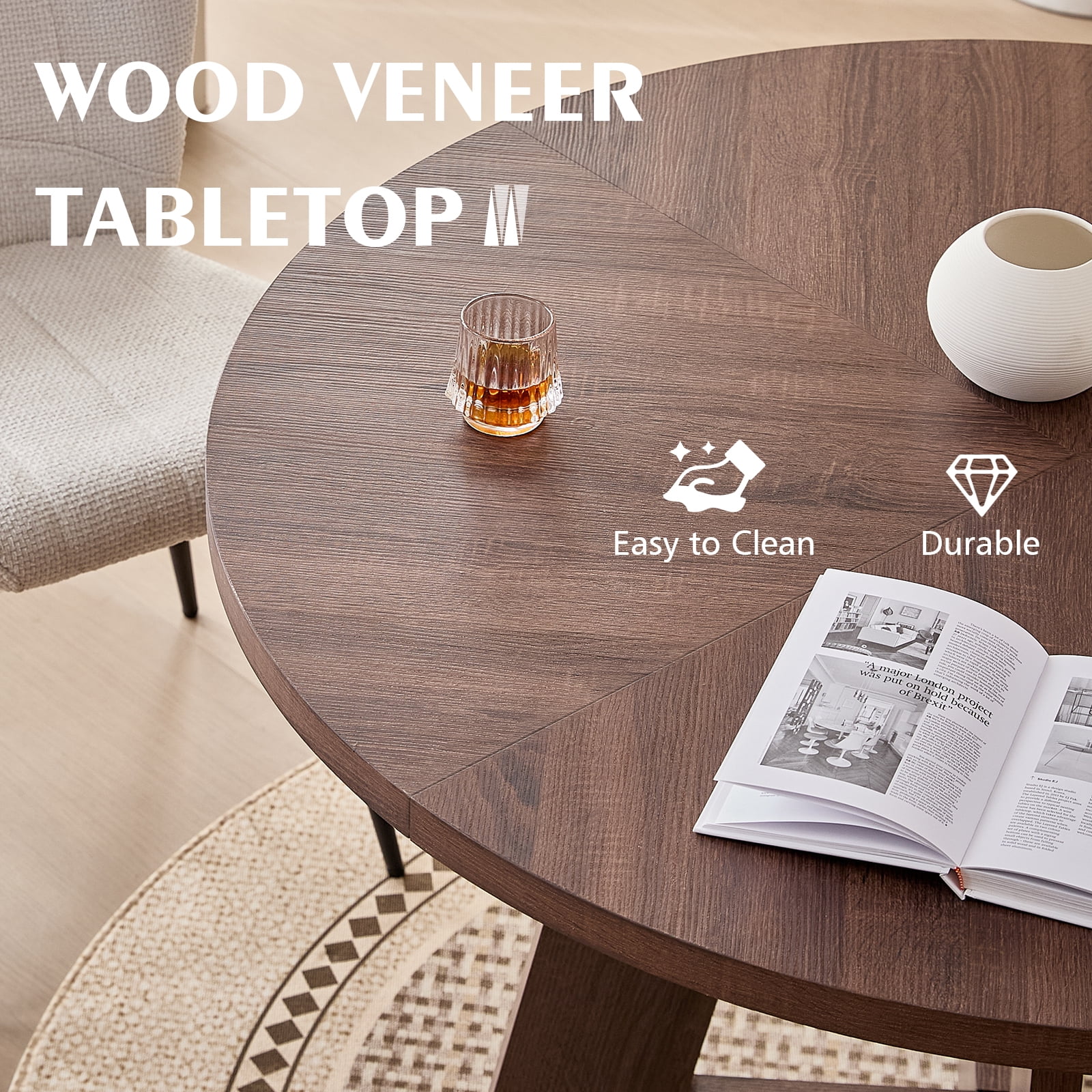 47" Round Dining Table for 4, Fanned Base, 1.38" Thick Top, Farmhouse Wood Kitchen Table for Dining Living Room Home, Walnut Color