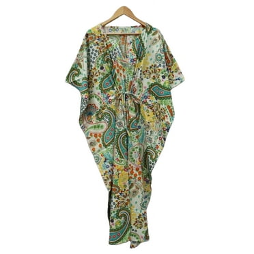 Paisley Print Cotton Fabric Women Kaftan Dress Long Top Caftan, Dress Beach Wear Cover up, Printed Sleepwear Maxi Dress Boho Kimono Robe