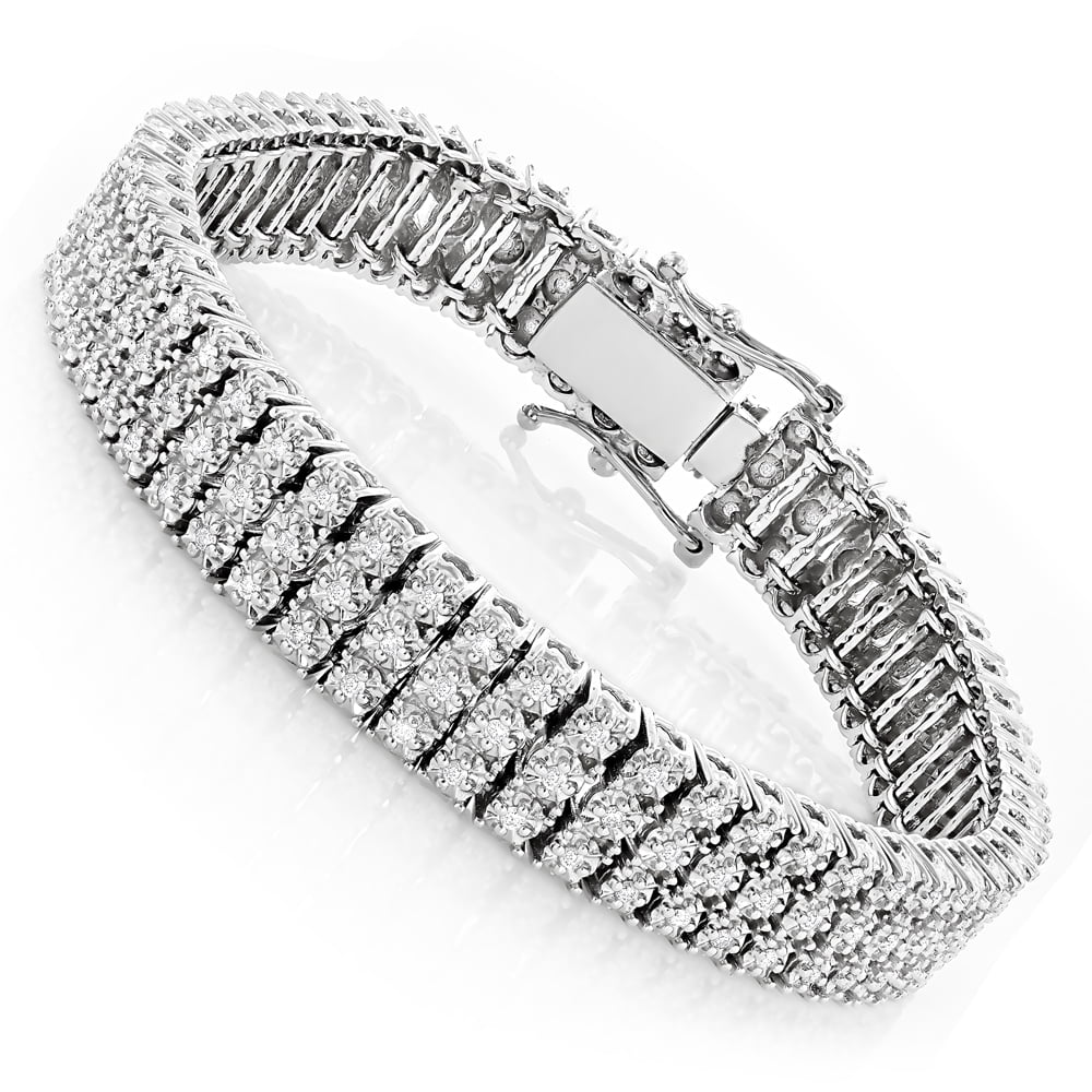 3 Row Women's Tennis Bracelet with Natural Diamonds in White Gold Finish 7.5" 