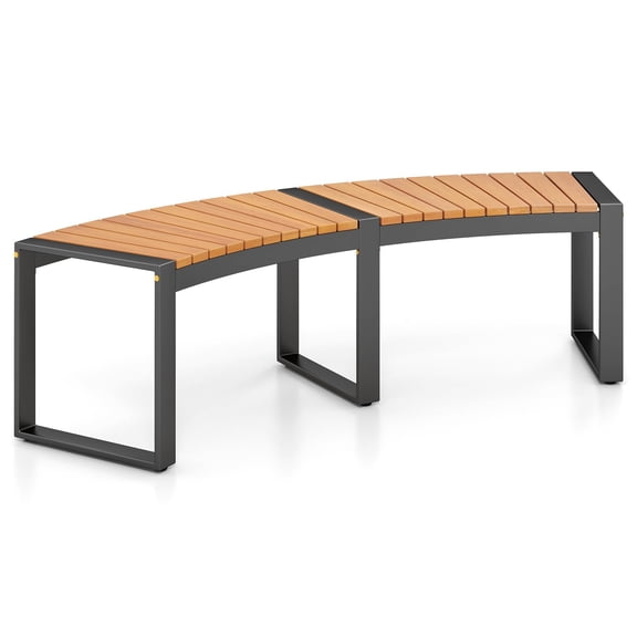 Outdoor Curved Bench Acacia Wood Fire Pit Bench With Slatted Seat Heavy Duty Metal Frame, Patio Backless 2 Person Seating Furniture For Yard Deck Porch Natural