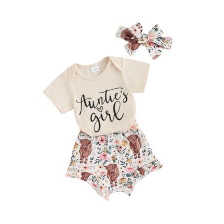 

FEORJGP Infant Girls 3 Piece Summer Set Newborn Short Sleeve Jumpsuit Letter Print Romper Crew Neck Bodysuit + Elastic Waist Frill Trim Shorts + Headband Aunties Bestie Baby Clothes