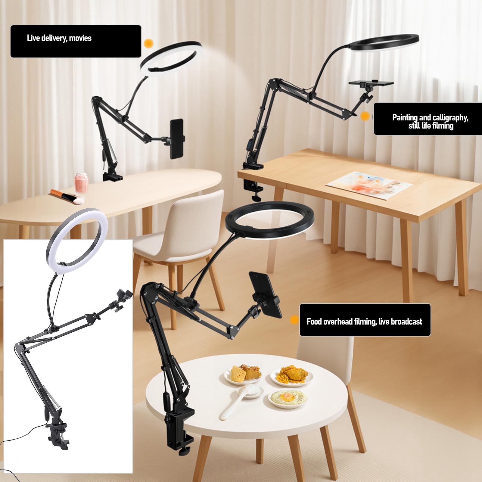 Riousery Clamp Ring Light Over Head Desktop Stand with Phone Holder Dimmable LED for Live Streaming Makeup Crafting Video Recording Max 4.5cm Thickness 14.96 inches / 38 cm Arm