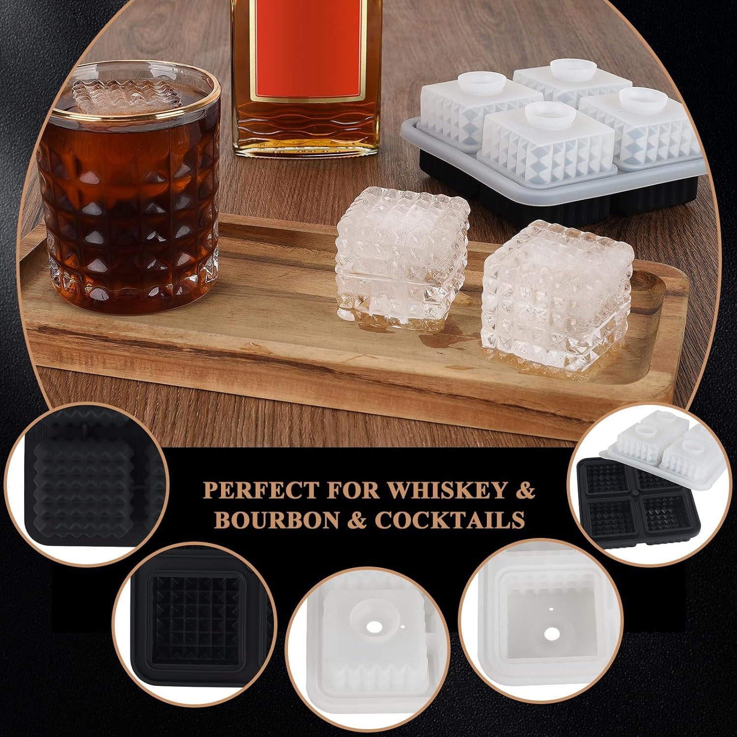 2-Inch Whiskey Ice Cubes Mold,Silicone Ice Cube Trays with Lid | Diamond Textured Large Square Ice Cube Mold, Big Bourbon Ice Cube Molds,Ice Tray-Ice Molds for Whiskey,Cocktails,Old Fashioned