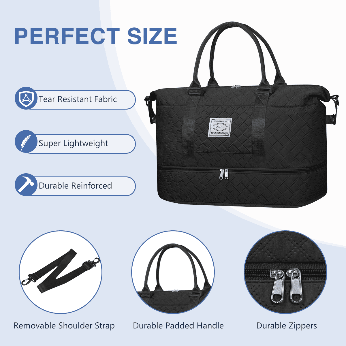 Travel Bag with Shoes Compartment, 40L Weekender Overnight Duffel Bag with Toiletry Bag and Shoes Bag, Gym Bag for Women with Wet Pocket, Personal Carry On Bag for Women, Travel, Gym, Weekend, Black