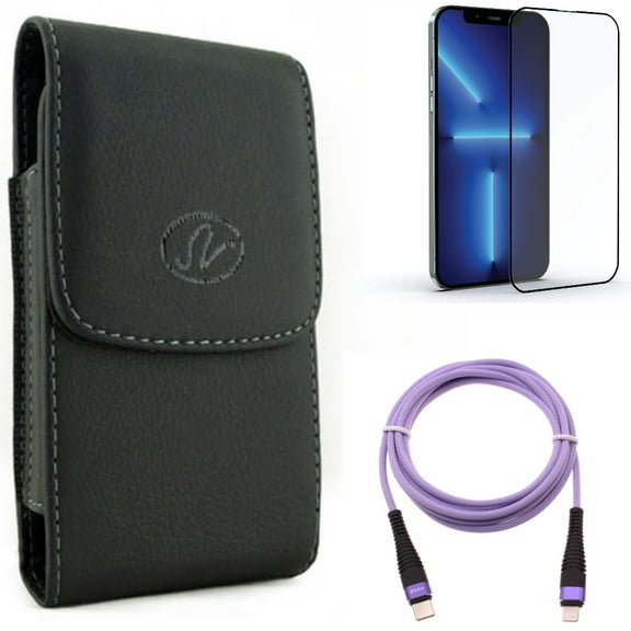 Screen Protector & Purple 10ft PD Cable & Case Belt Clip for iPhone 13 Pro Max ONLY - Anti-Glare Tempered Glass Matte   USB-C Extra Long Cord Fast Charger   Leather Holster Cover Combo