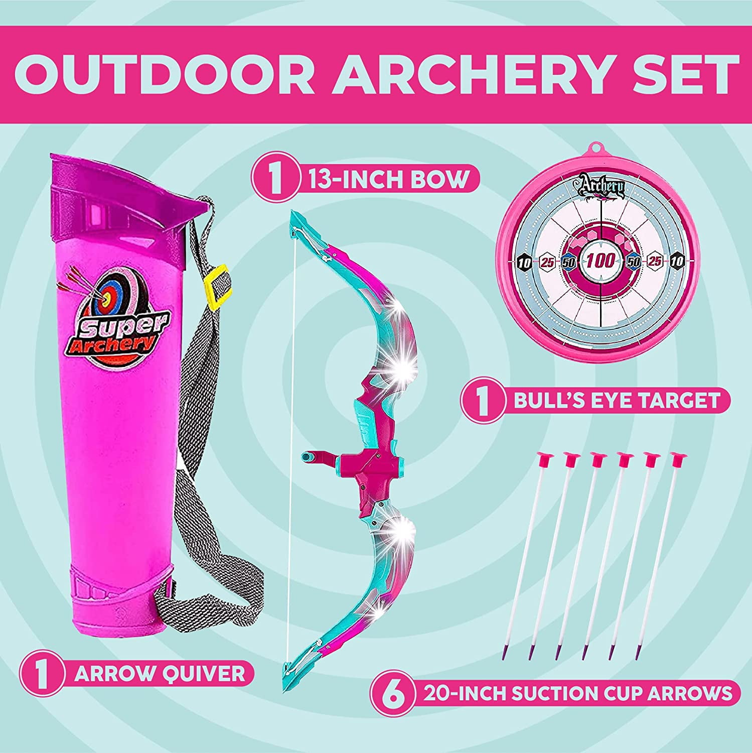 Toysery kids archery set - Kids Archery Bow with 6 Suction Cups Arrows, Target, and Quiver- girls bow and arrow set | kids bow and arrow