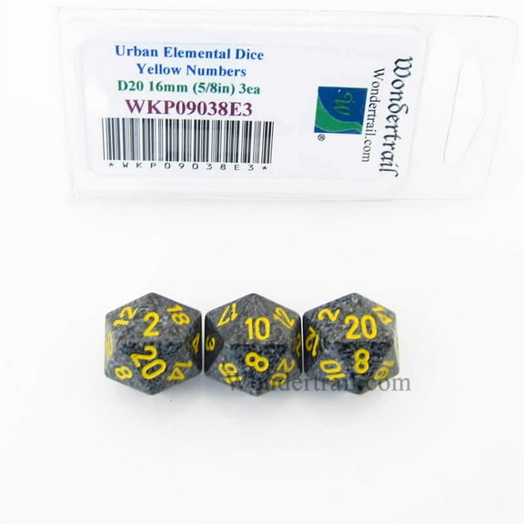 Urban Camo Elemental Dice with Yellow Numbers D20 16mm (5/8in) Pack of 3 Wondertrail