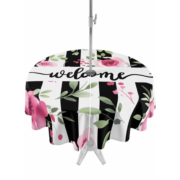 Outdoor Tablecloths with Umbrella Hole & Zipper, Pink Red Flower Round Tablecloth 54 Inch, Watercolor Floral Leaf Black White Stripe Waterproof Table Cloth, Patio/Pool/Picnic Table Covers