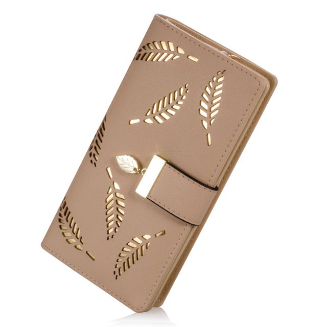 ZHAOCHENG Cartera de cuero con hojas largas y doble pliegue para mujer, tarjetero, monedero con cremallera y hebilla, elegante cartera de mano para mujer, color caqui