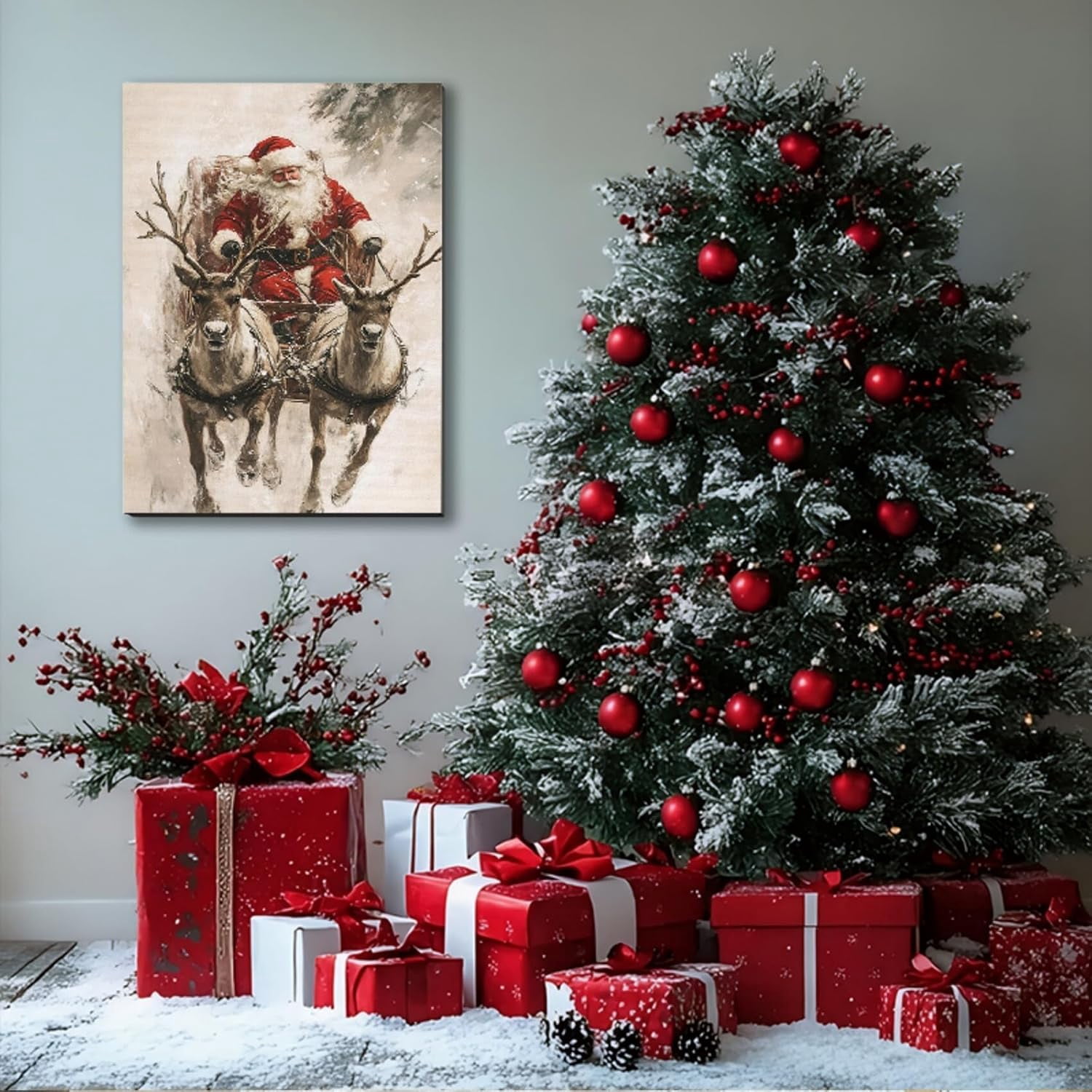 Vintage Santa in Sleigh with Reindeer Canvas Art, Framed Classic Christmas Wall Art for Holiday Decor, Cozy Winter Snow Scene Nature Wall Decor for Living Room Kitchen Office