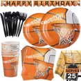 thumbnail image 1 of Juego de suministros para fiesta de baloncesto que incluye pancarta, platos, vasos, servilletas y mantel, sirve 16 Fason HMYH625, 1 of 7