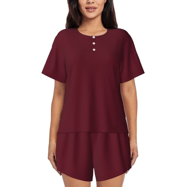 Balery Maroon Conjunto de Pijama para Mujer con Estampado, Dos Piezas de Manga Corta y Shorts, Ropa de Dormir Suave con Cuello Redondo y Bolsillos-Large