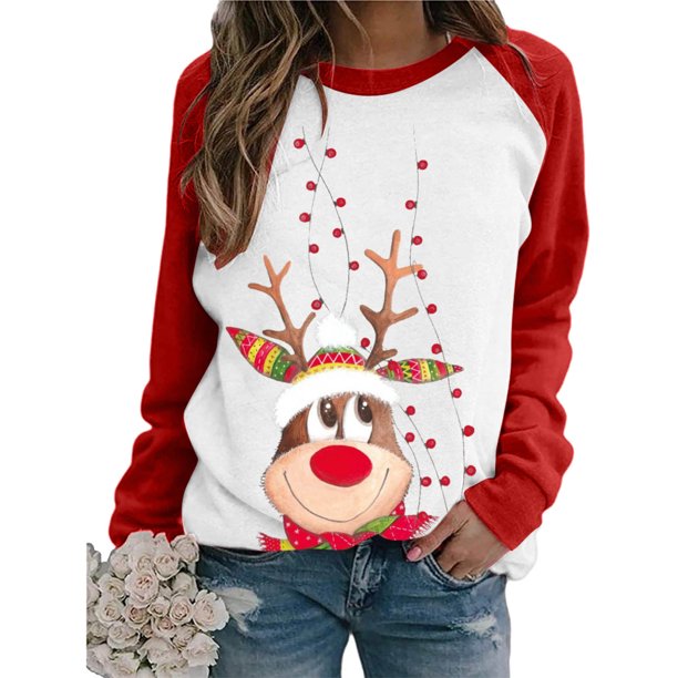 Pntutb Mujeres Casual Navidad Impresión Raglan Manga Larga Camisas Blusa tops Pntutb Pntutb-2179