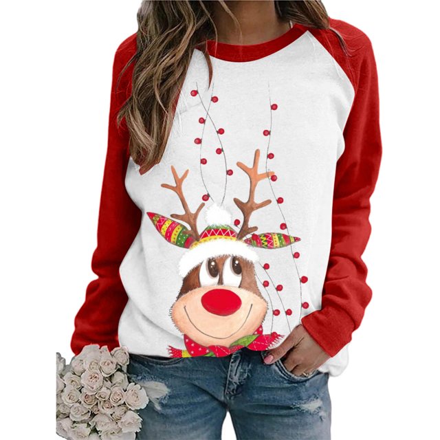 Puntoco Mujeres Casual Navidad Impresión Raglan Manga Larga Camisas Blusa tops Puntoco Puntoco-2181