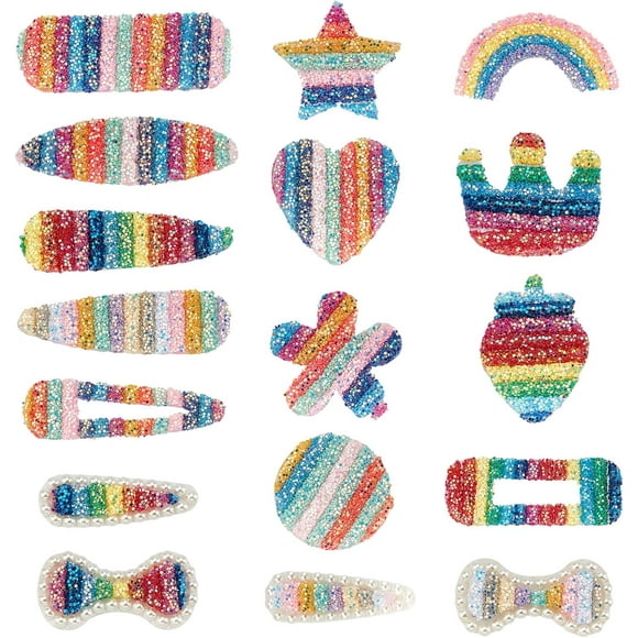 34pcs 17 Styles Rainbow Hair Clips Accessories with Glitter Sequins and Plastic Imitation Pearl for Hair Clips Costume Scraopbooking Crafts Making