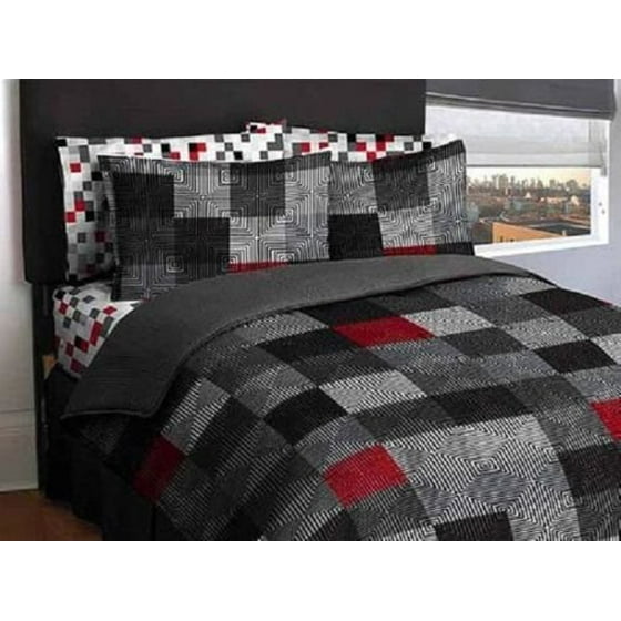 Latitude Teen America Bordered Geometric Red Black Blocks Reversible Solid Gray Bedding Queen Comfort Set For Boys 5 Piece In A Bag
