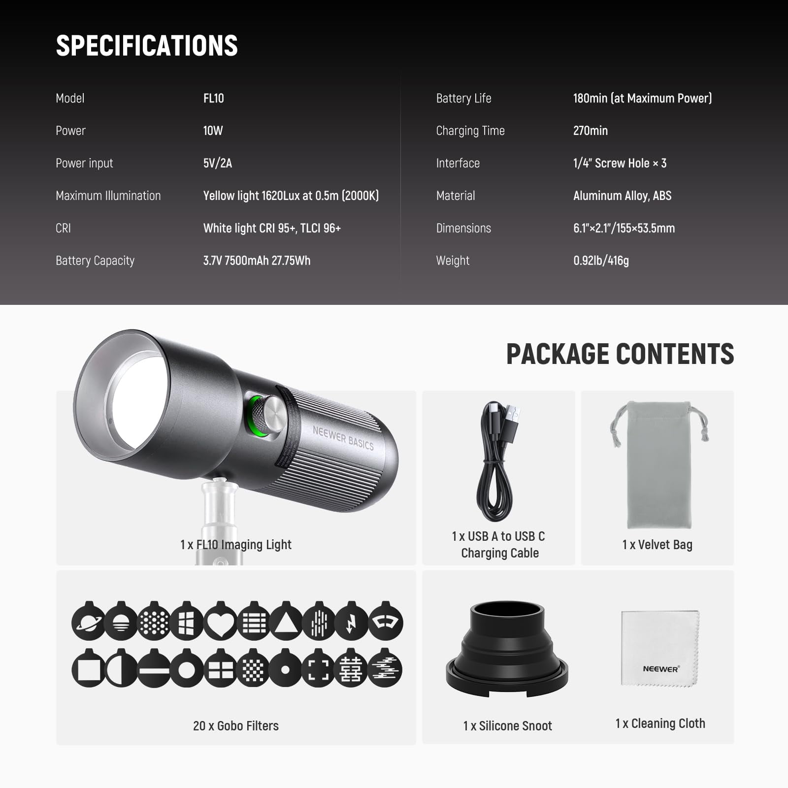 Neewer FL10 Rgb Photography Flashlight, 10W LED with 20 Gobo Filters & 4 Colors, CRI95+, 7500mAh for Studio/Video Lighting