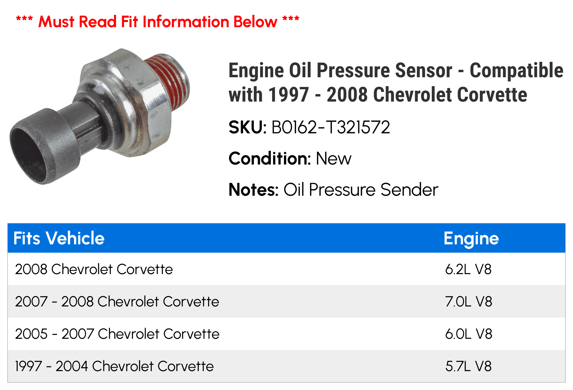 Engine Oil Pressure Sensor - Compatible with 1997 - 2008 Chevy Corvette 1998 1999 2000 2001 2002 2003 2004 2005 2006 2007