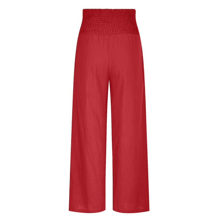 QUYUON Womens Pull on Pants Casual High Elastic Waist Solid Color Sports  Cotton and Linen Pants Women Elastic Waist Pants Full Pant Leg Length Trousers  Pant Style N-949 Red M 