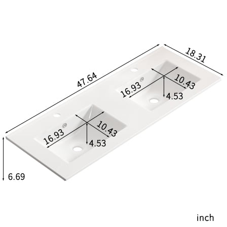 TICOZE Large 48 Inch Double Bowl Ceramic Bathroom Sink, Thin Edge Dual Vanity Sink, White Porcelain Ceramic Sink for Countertop Installation